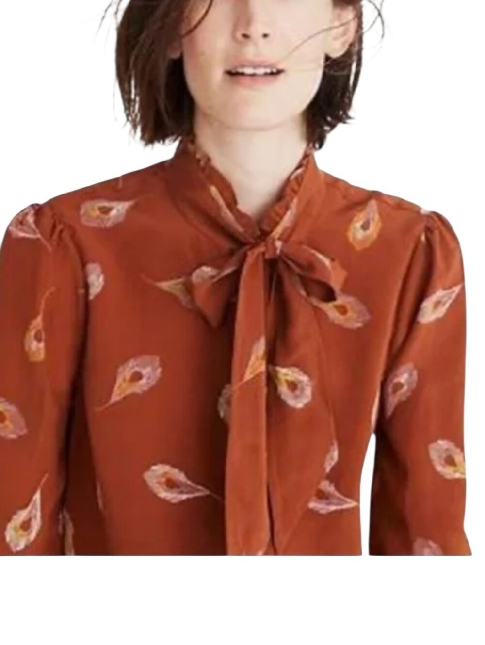 NWT Madewell 100% Silk Feather Print Tie Neck Blouse Long Sleeve Top Sz M